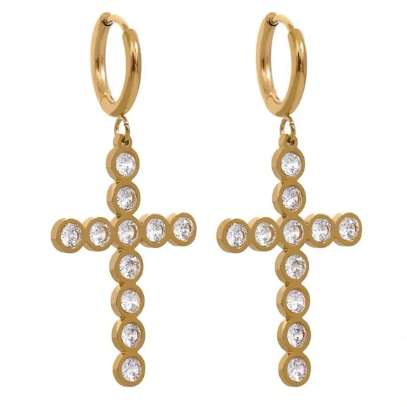 Anthropologie Jewelry - Crystal Cross 18K Gold Stainless Steel Waterproof Earrings